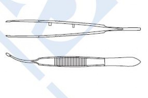 ARRUGA INTRACAPSULAR FORCEPS. CURVED TIPS, FOR REMOVAL OF RESIDUAL LENS MATERIAL DURING EXTRACAPSULAR EXTRACTION. 12.0CM (4 3/4``) LONG